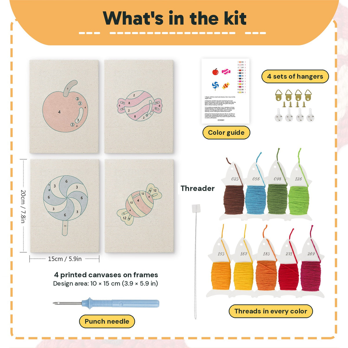 What is in the Candy Apple Treats set: 4 printed canvases, punch needle, threader, threads, color guide and 4 sets of hangers (6 × 8 in (15 × 20 cm) each)