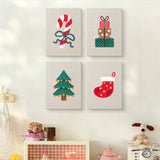 The four Candy Cane Bow mini canvases on a wall above a shelf