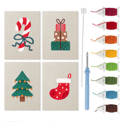 Candy Cane Bow mini punch needle kit set: four finished canvases with threads, punch needle and threader