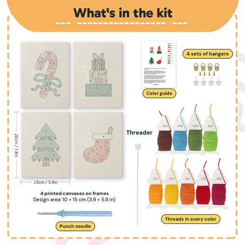 What is in the Candy Cane Bow set: 4 printed canvases, punch needle, threader, threads, color guide and 4 sets of hangers (6 × 8 in (15 × 20 cm) each)