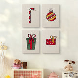 The four Candy Cane Gifts mini canvases on a wall above a shelf