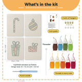 What is in the Candy Cane Gifts set: 4 printed canvases, punch needle, threader, threads, color guide and 4 sets of hangers (6 × 8 in (15 × 20 cm) each)