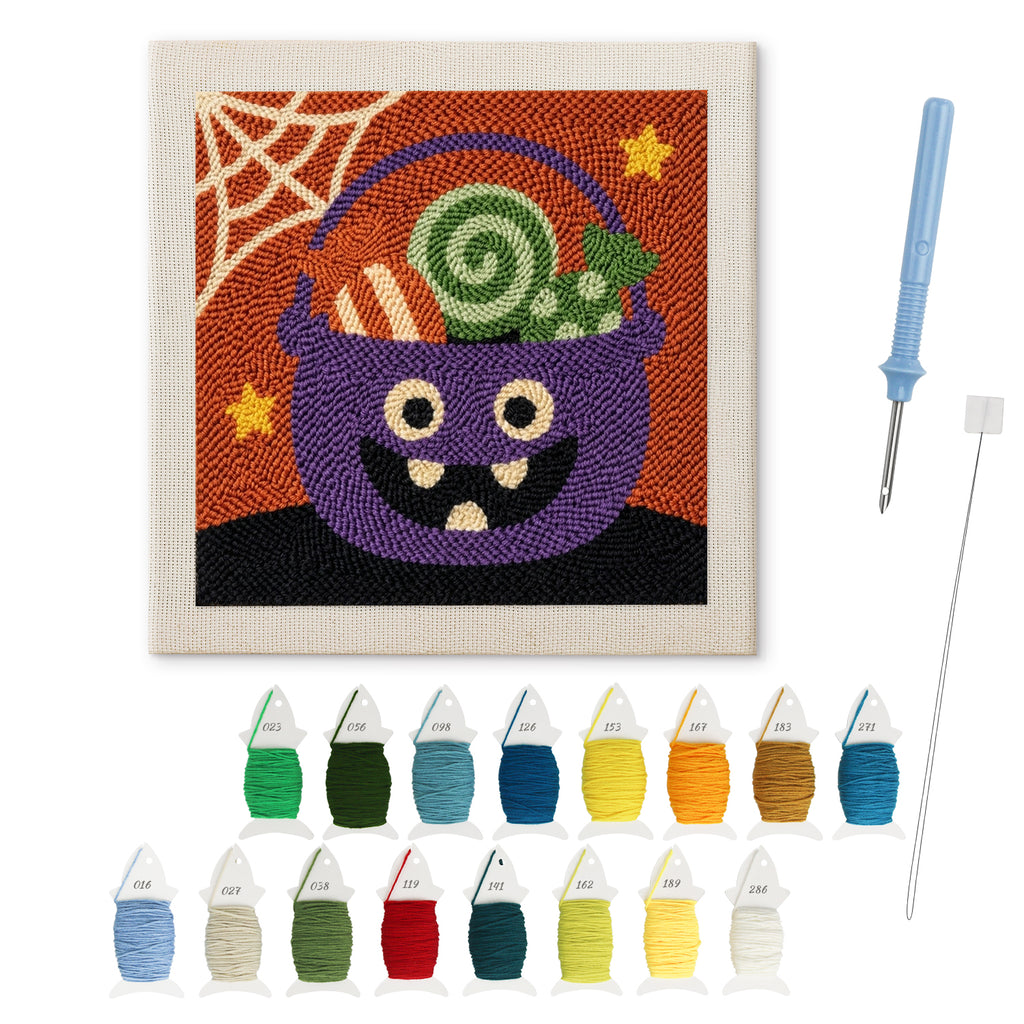 Candy Cauldron punch needle kit: finished canvas with threads, punch needle and threader