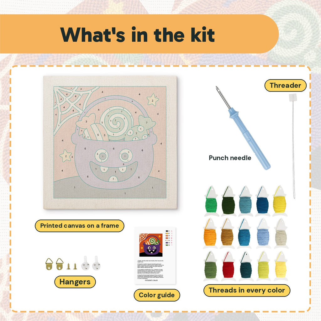 What is in the Candy Cauldron kit: printed canvas, punch needle, threader, threads, color guide and hangers