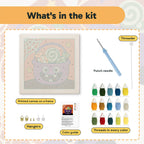 What is in the Candy Cauldron kit: printed canvas, punch needle, threader, threads, color guide and hangers