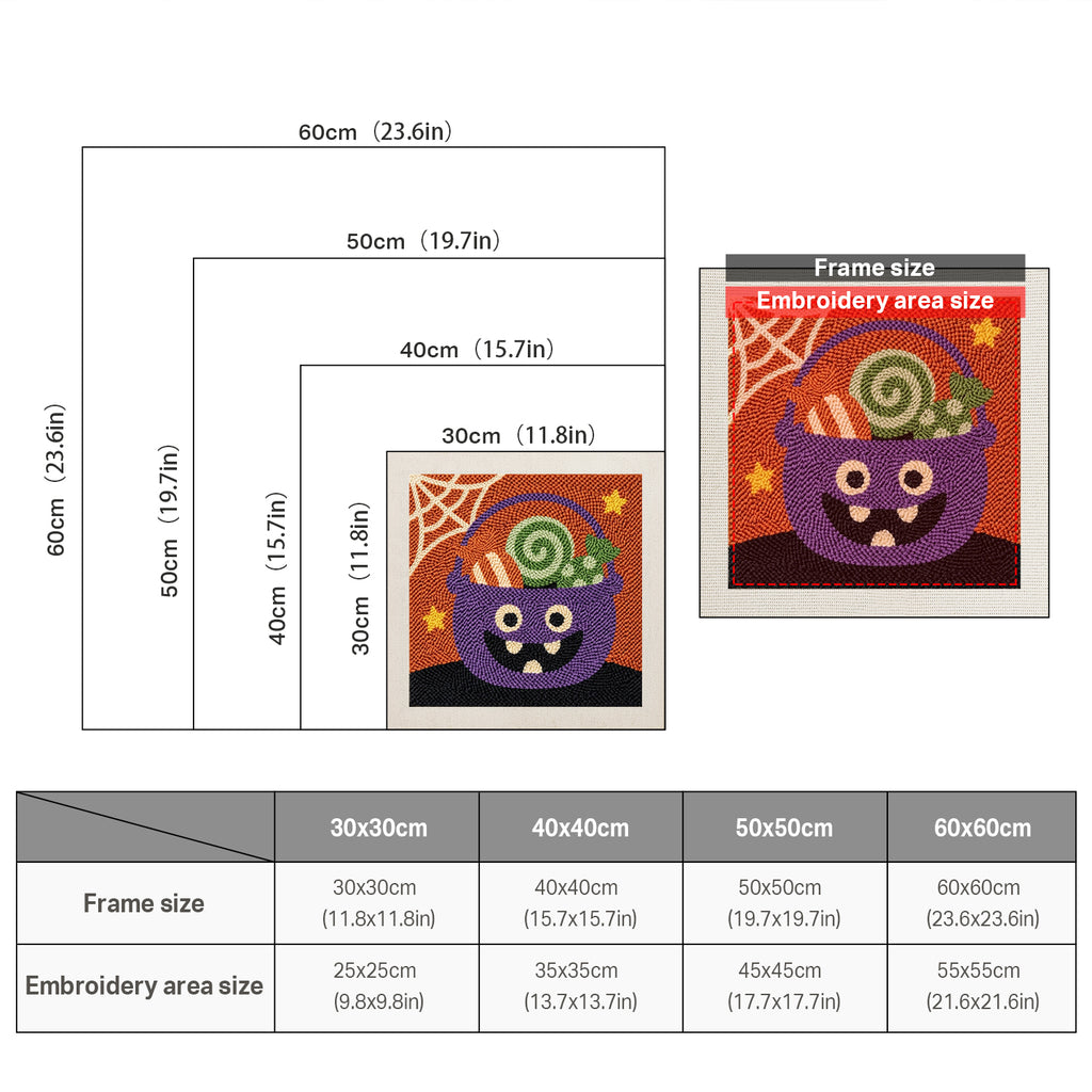 Size chart for square punch needle kits from 30 x 30 cm to 60 x 60 cm