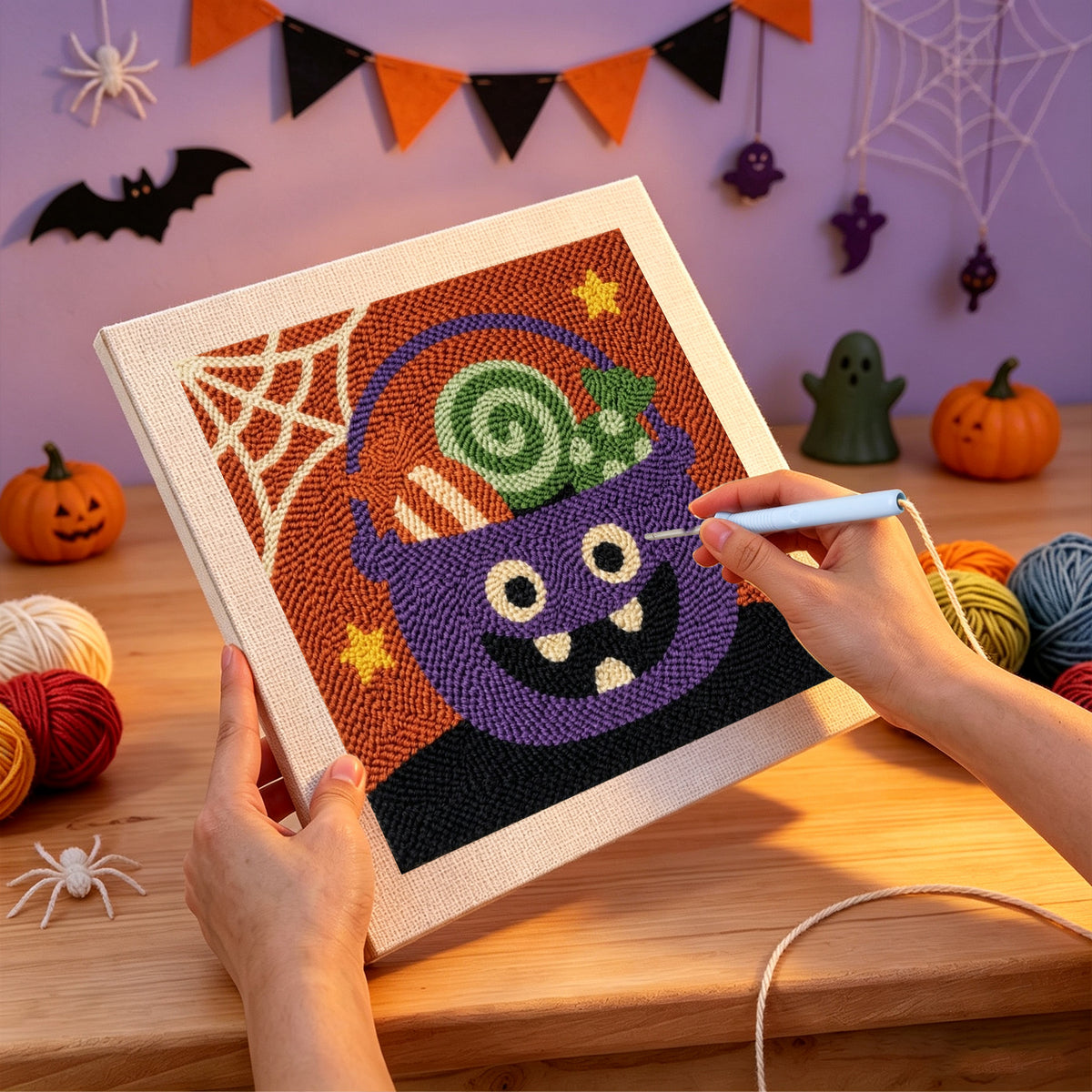 Punching the Candy Cauldron design with the punch needle