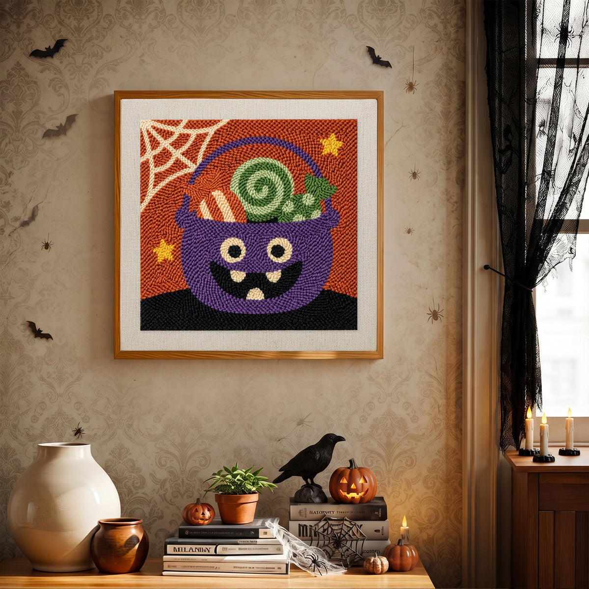 Finished Candy Cauldron punch needle canvas on a wall