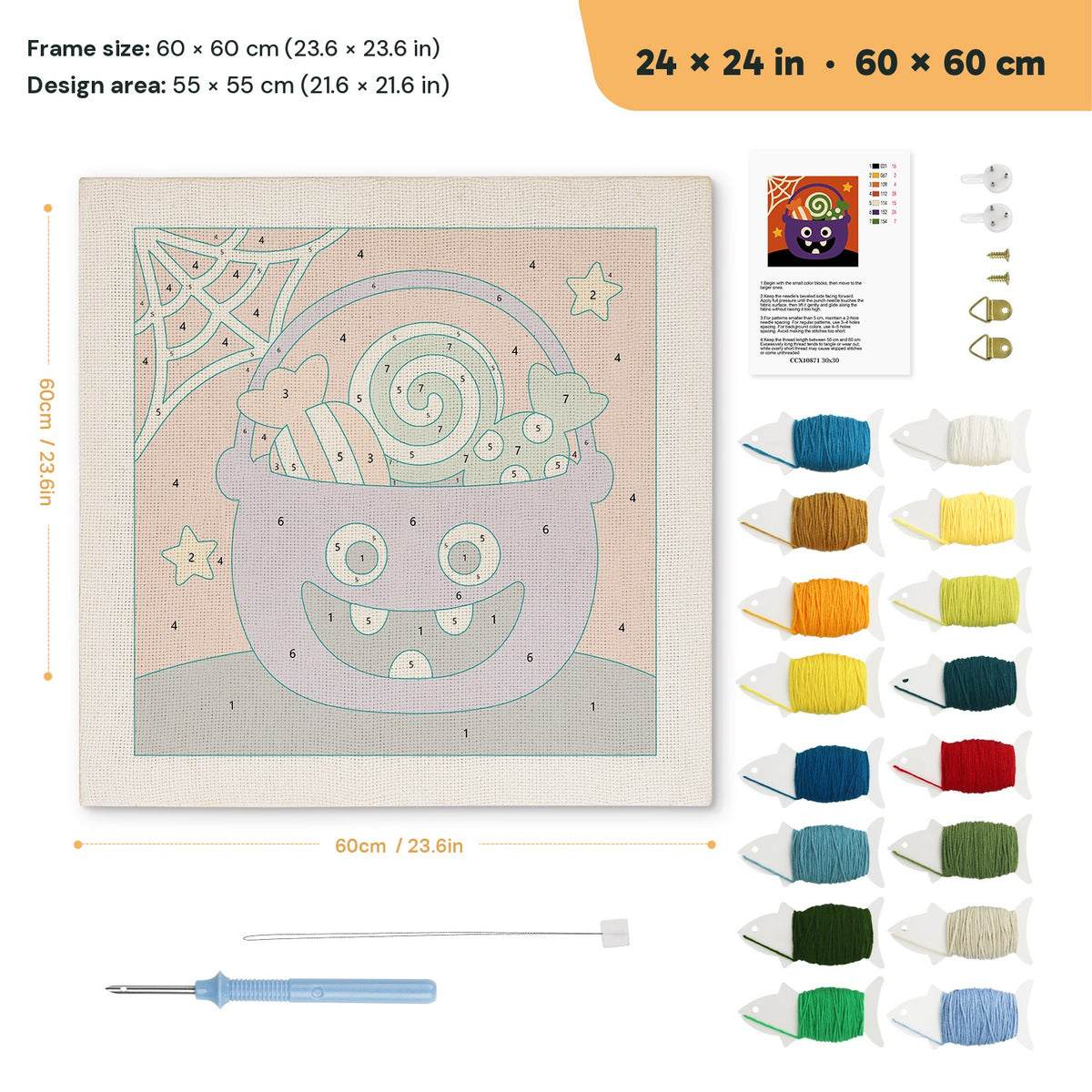 Candy Cauldron punch needle kit, 24 × 24 in (60 × 60 cm): canvas size and kit contents