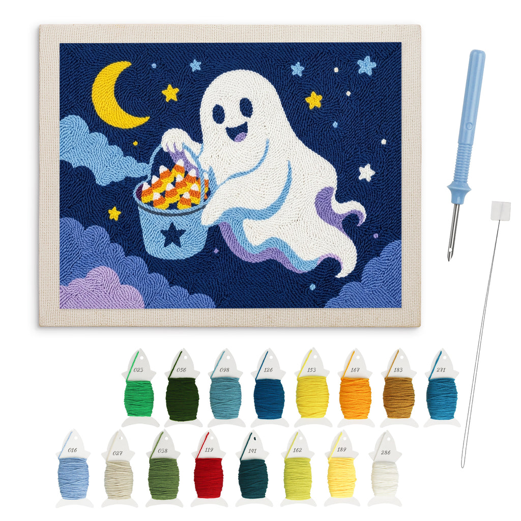 Candy Corn Bucket Ghost punch needle kit: finished canvas with threads, punch needle and threader