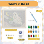 What is in the Candy Corn Bucket Ghost kit: printed canvas, punch needle, threader, threads, color guide and hangers
