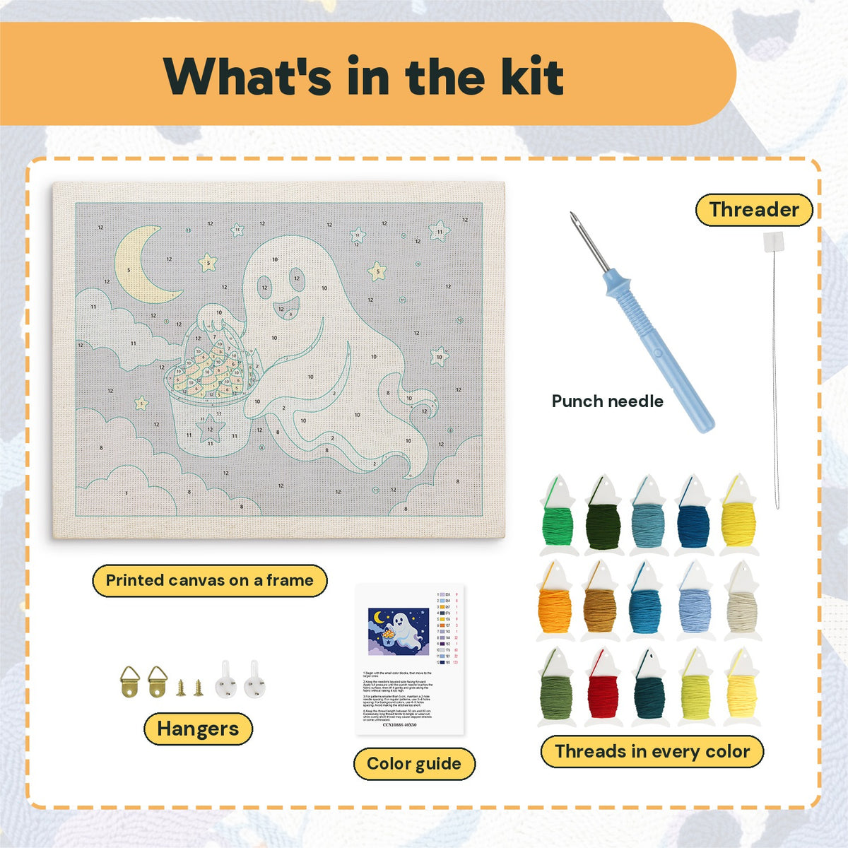 What is in the Candy Corn Bucket Ghost kit: printed canvas, punch needle, threader, threads, color guide and hangers