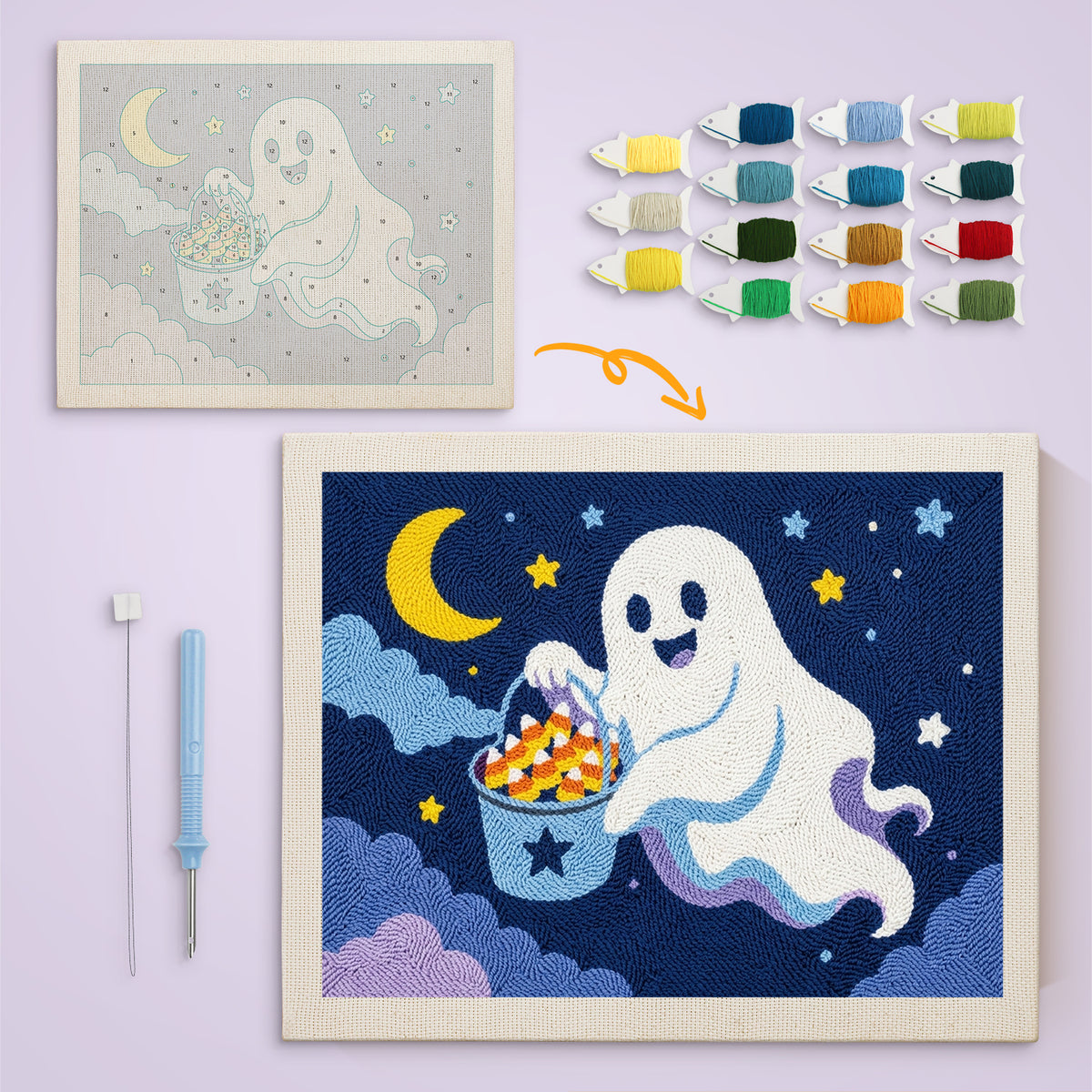 Candy Corn Bucket Ghost canvas before and after punching, with the threads and tools