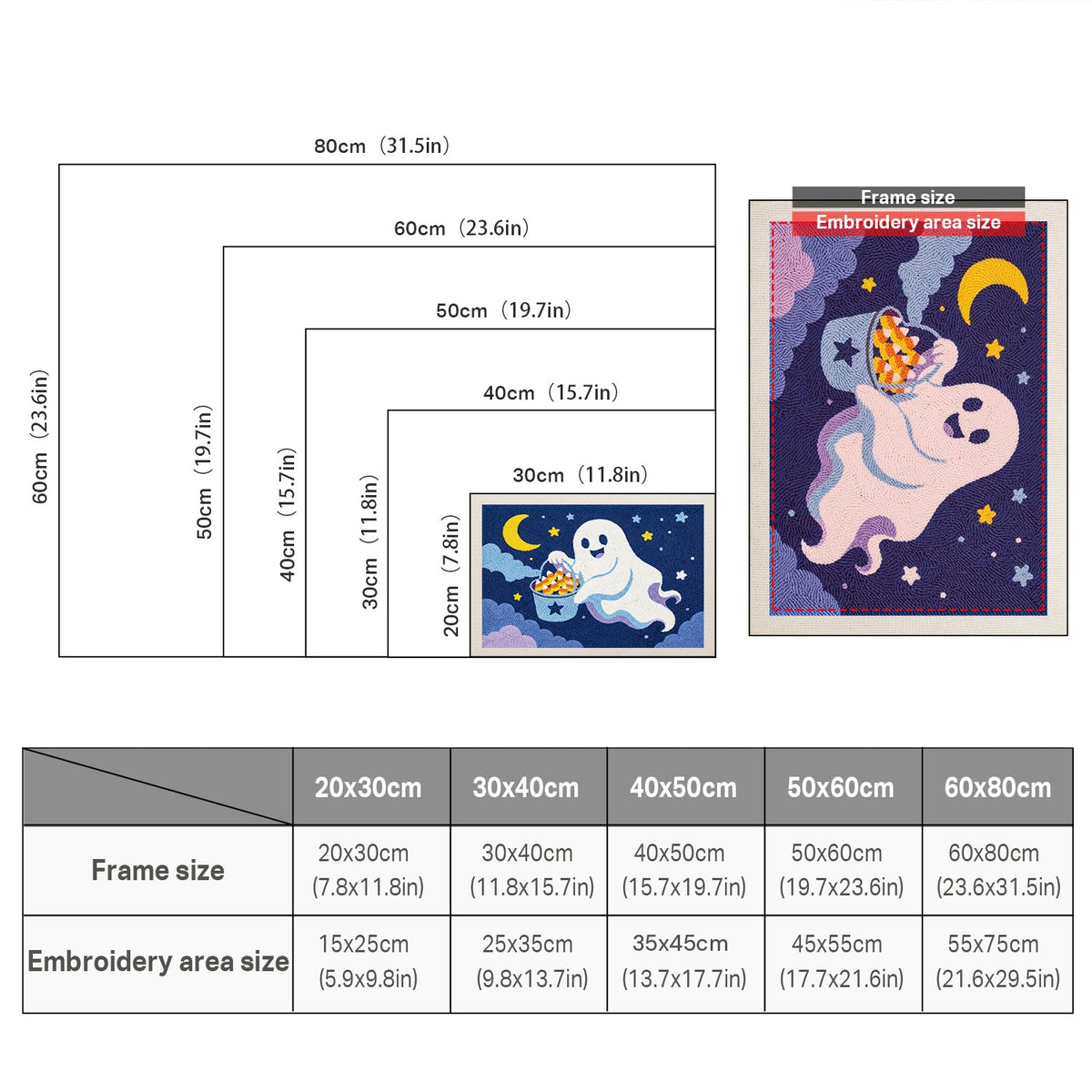 Size chart for punch needle kits from 20 x 30 cm to 60 x 80 cm