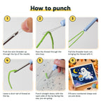 Six steps showing how to thread and use the punch needle