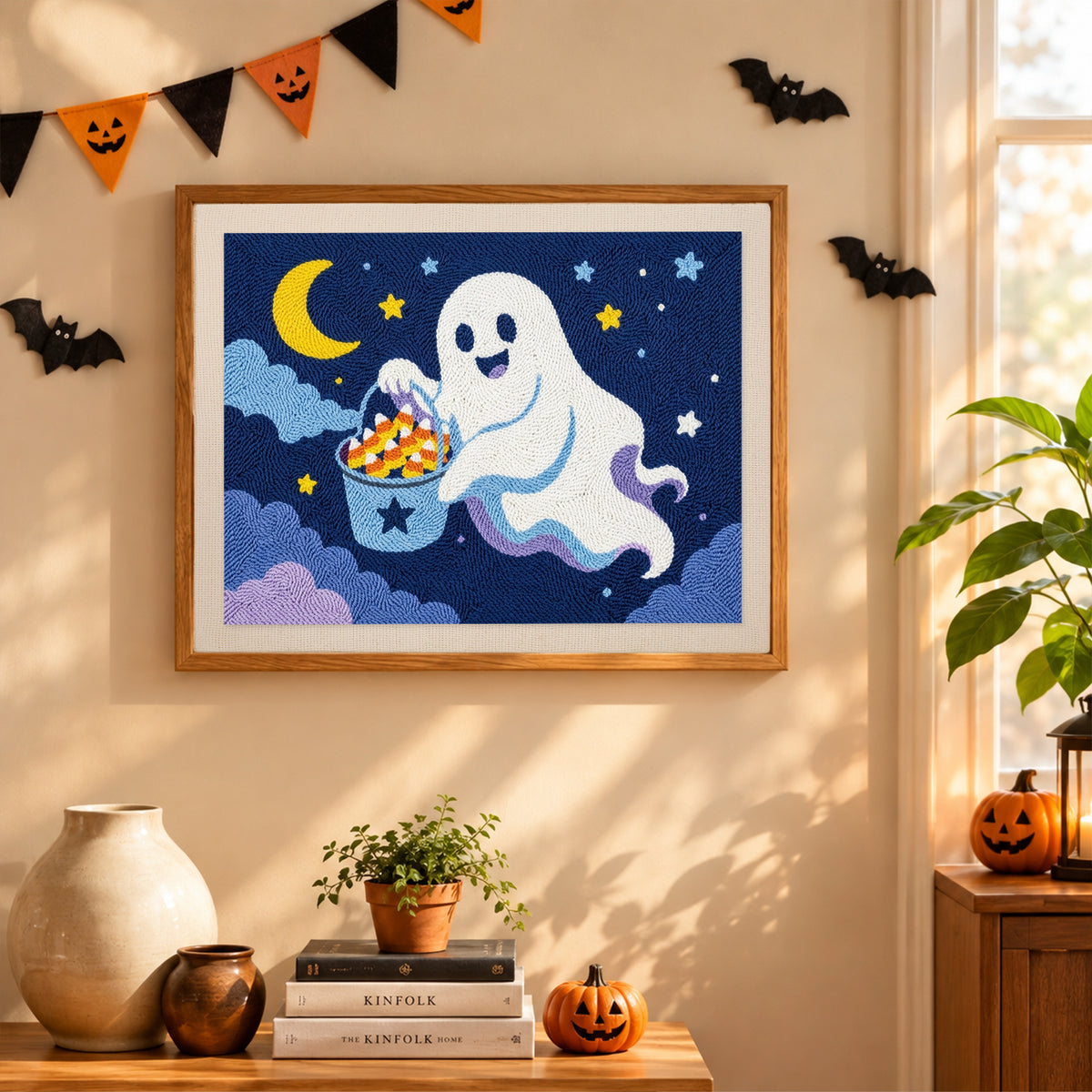 Finished Candy Corn Bucket Ghost punch needle canvas on a wall