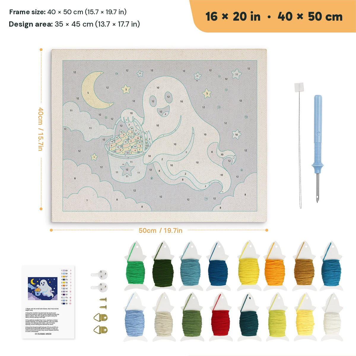 Candy Corn Bucket Ghost punch needle kit, 16 × 20 in (40 × 50 cm): canvas size and kit contents