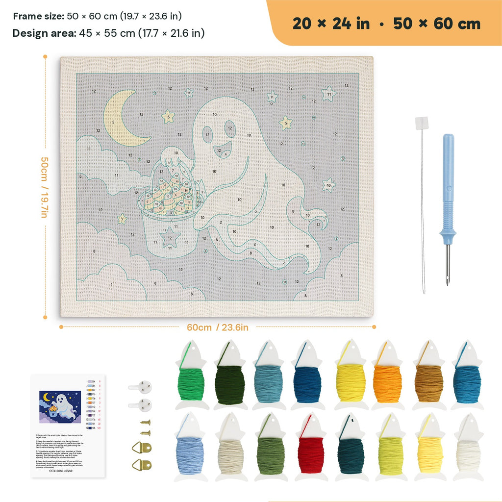 Candy Corn Bucket Ghost punch needle kit, 20 × 24 in (50 × 60 cm): canvas size and kit contents