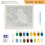 Candy Corn Bucket Ghost punch needle kit, 20 × 24 in (50 × 60 cm): canvas size and kit contents