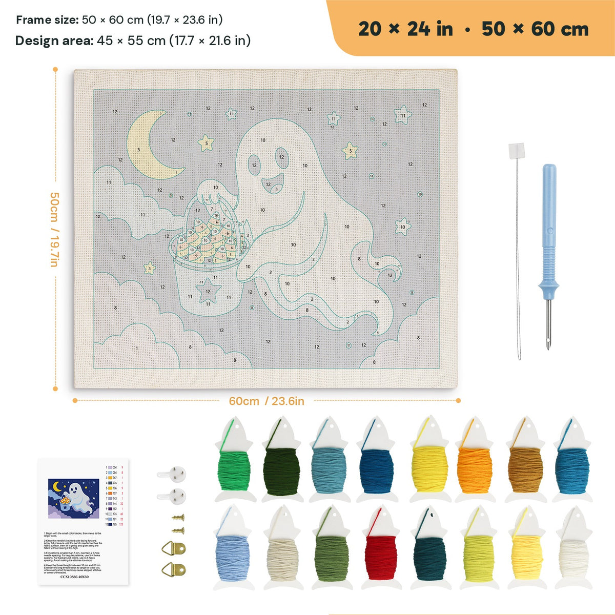 Candy Corn Bucket Ghost punch needle kit, 20 × 24 in (50 × 60 cm): canvas size and kit contents