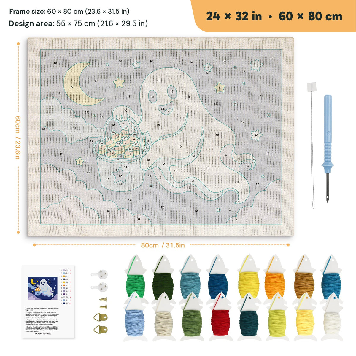 Candy Corn Bucket Ghost punch needle kit, 24 × 32 in (60 × 80 cm): canvas size and kit contents