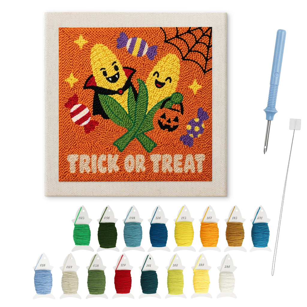 Candy Corn Cobs punch needle kit: finished canvas with threads, punch needle and threader