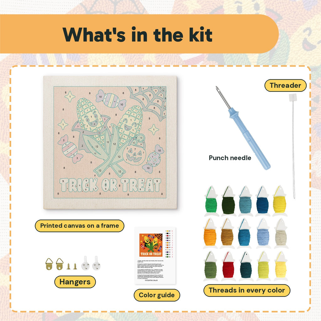 What is in the Candy Corn Cobs kit: printed canvas, punch needle, threader, threads, color guide and hangers