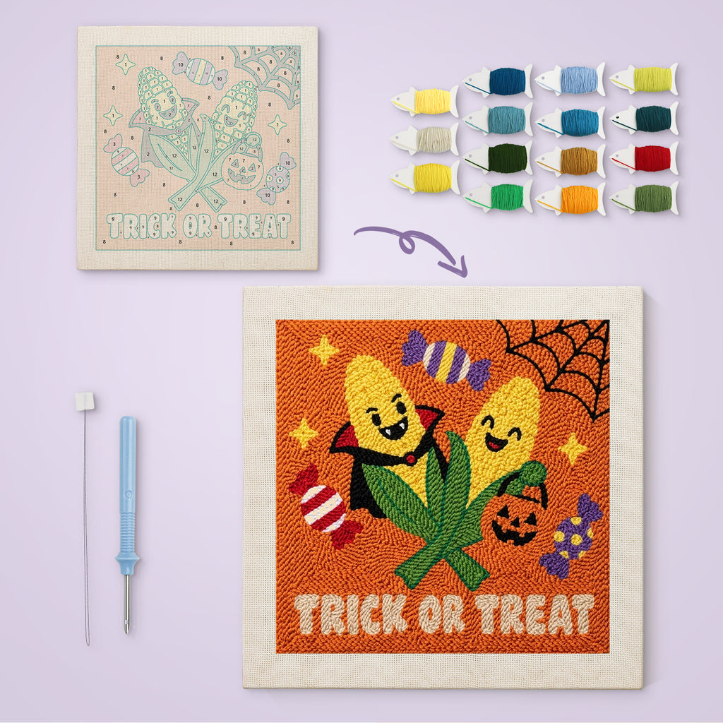 Candy Corn Cobs canvas before and after punching, with the threads and tools