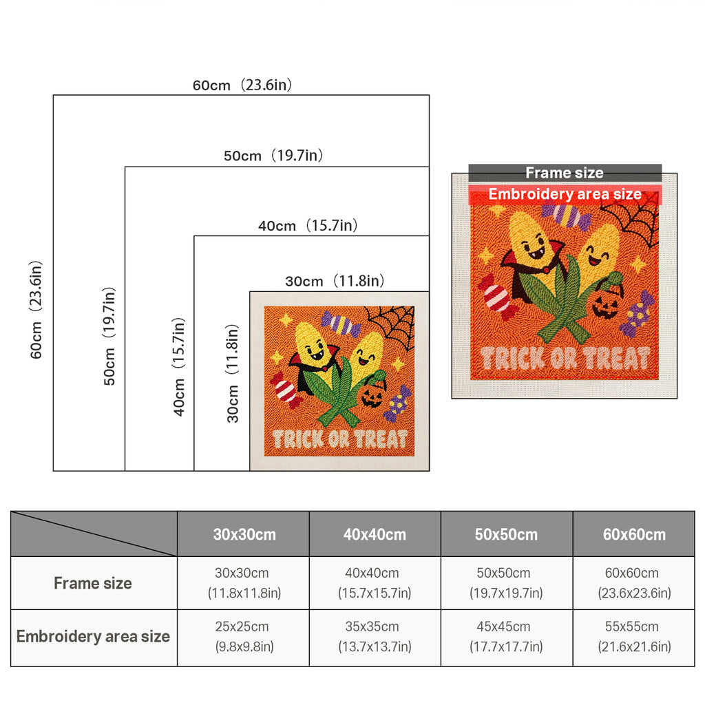 Size chart for square punch needle kits from 30 x 30 cm to 60 x 60 cm