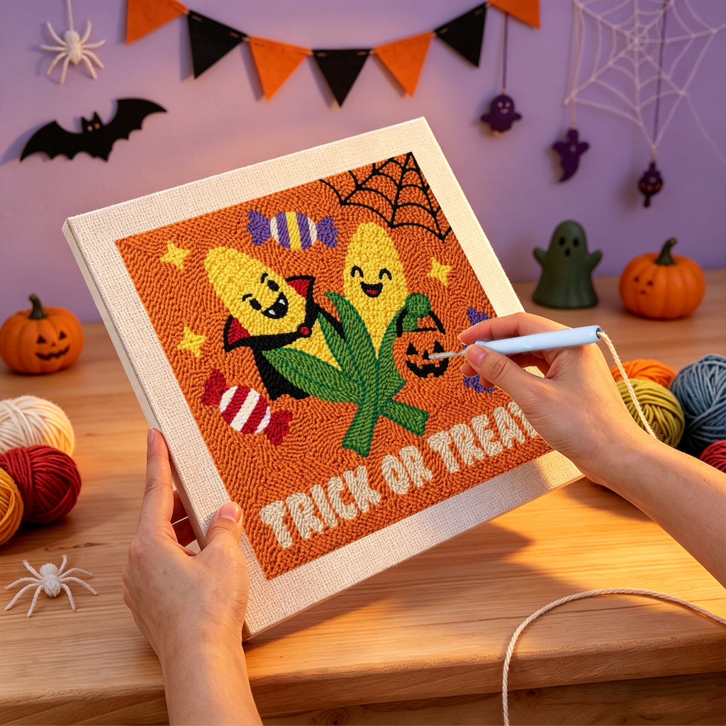 Punching the Candy Corn Cobs design with the punch needle