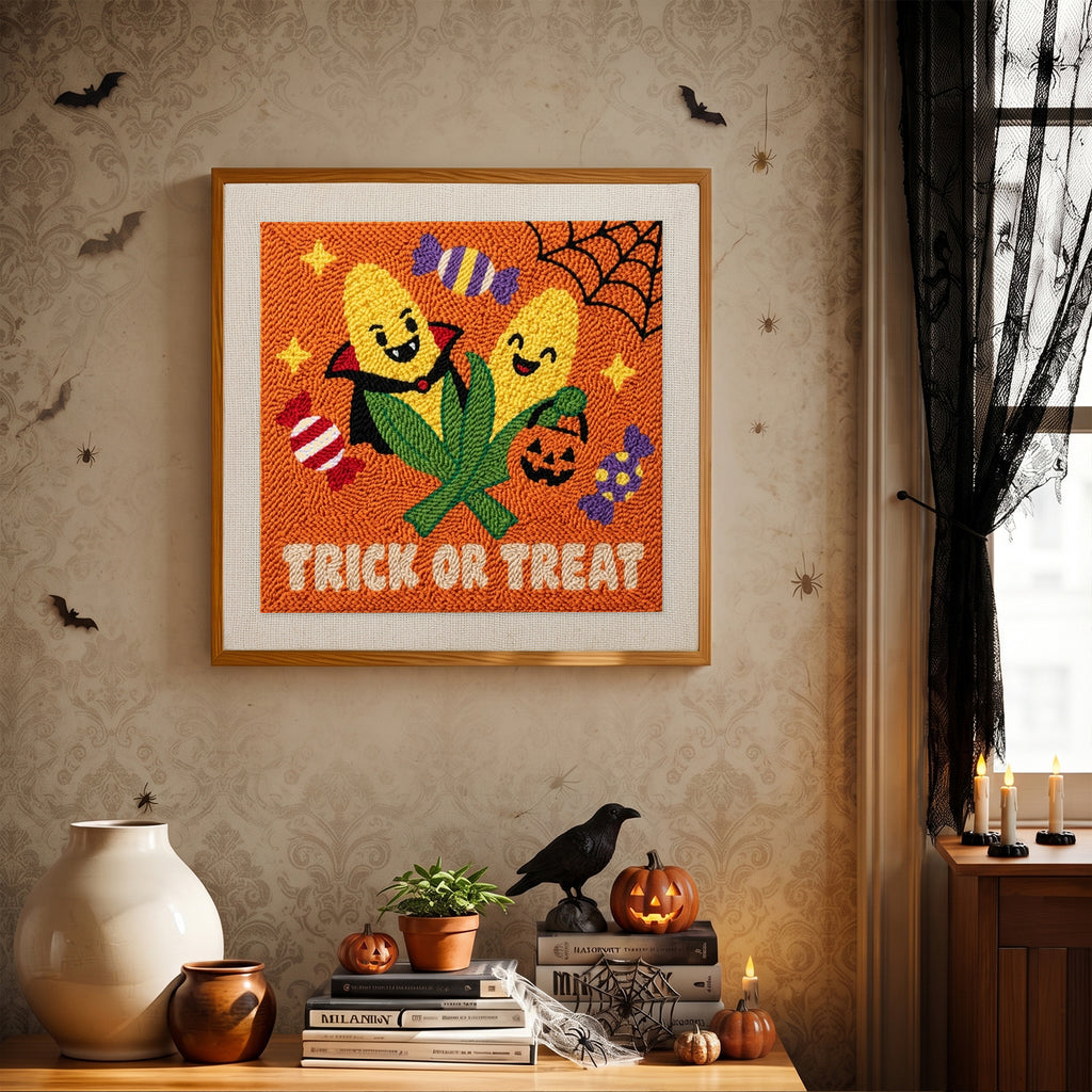 Finished Candy Corn Cobs punch needle canvas on a wall