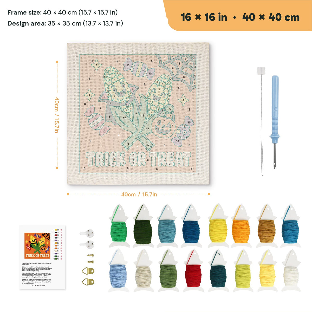Candy Corn Cobs punch needle kit, 16 × 16 in (40 × 40 cm): canvas size and kit contents