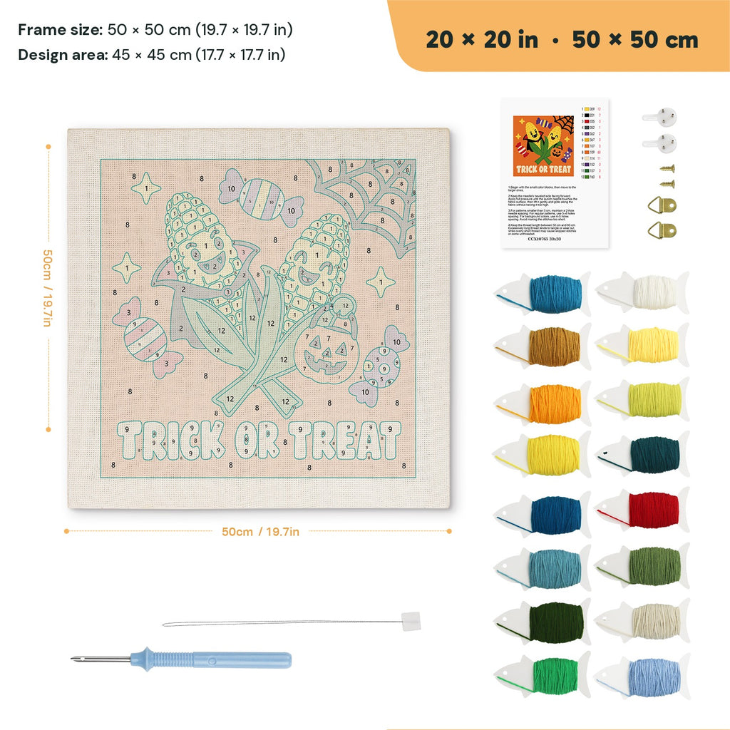 Candy Corn Cobs punch needle kit, 20 × 20 in (50 × 50 cm): canvas size and kit contents