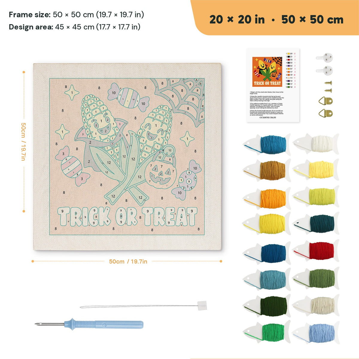 Candy Corn Cobs punch needle kit, 20 × 20 in (50 × 50 cm): canvas size and kit contents