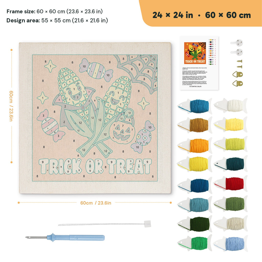 Candy Corn Cobs punch needle kit, 24 × 24 in (60 × 60 cm): canvas size and kit contents