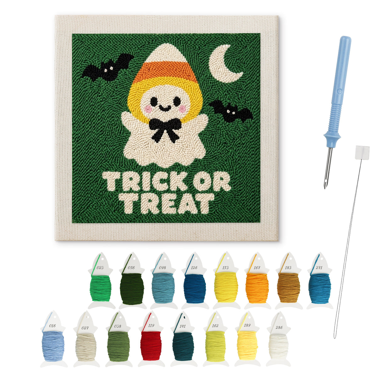 Candy Corn Ghost punch needle kit: finished canvas with threads, punch needle and threader
