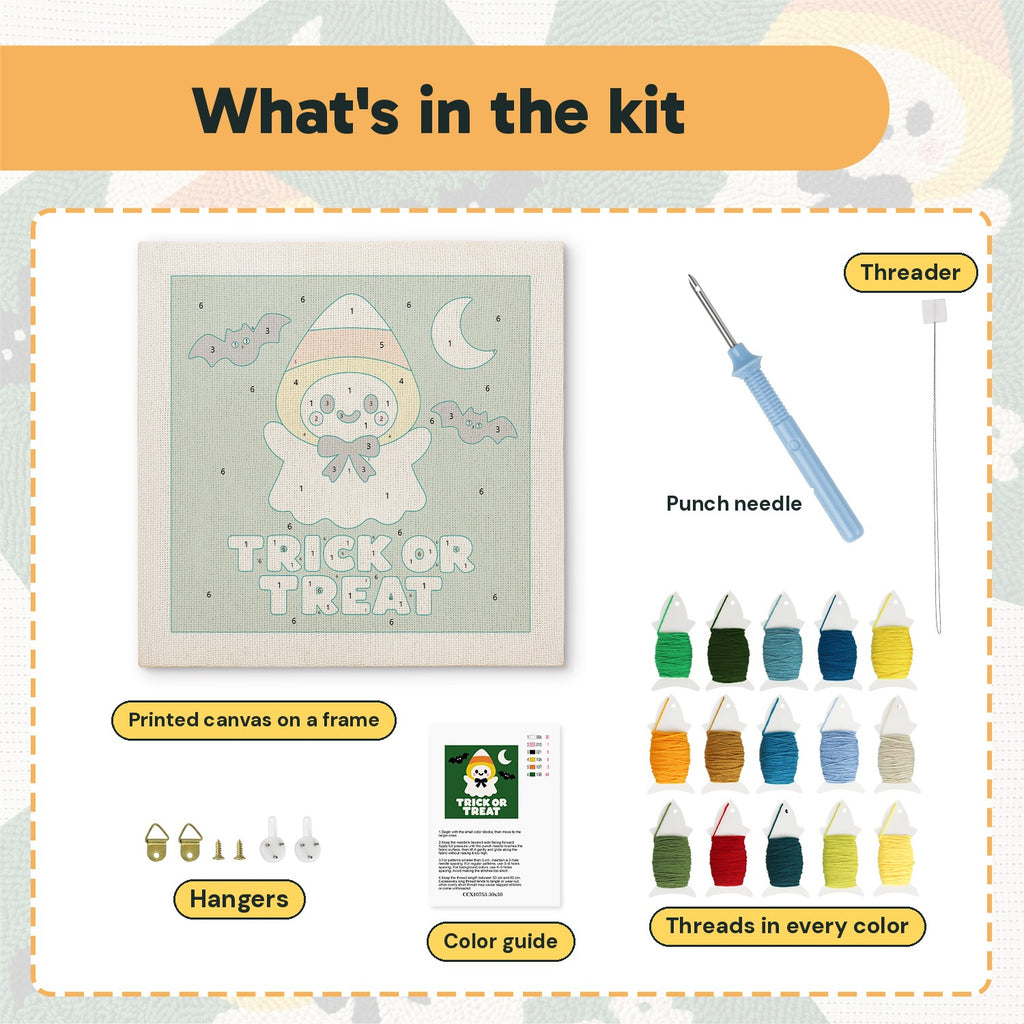 What is in the Candy Corn Ghost kit: printed canvas, punch needle, threader, threads, color guide and hangers
