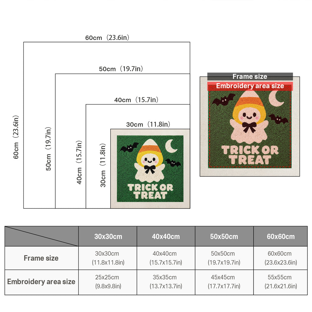 Size chart for square punch needle kits from 30 x 30 cm to 60 x 60 cm