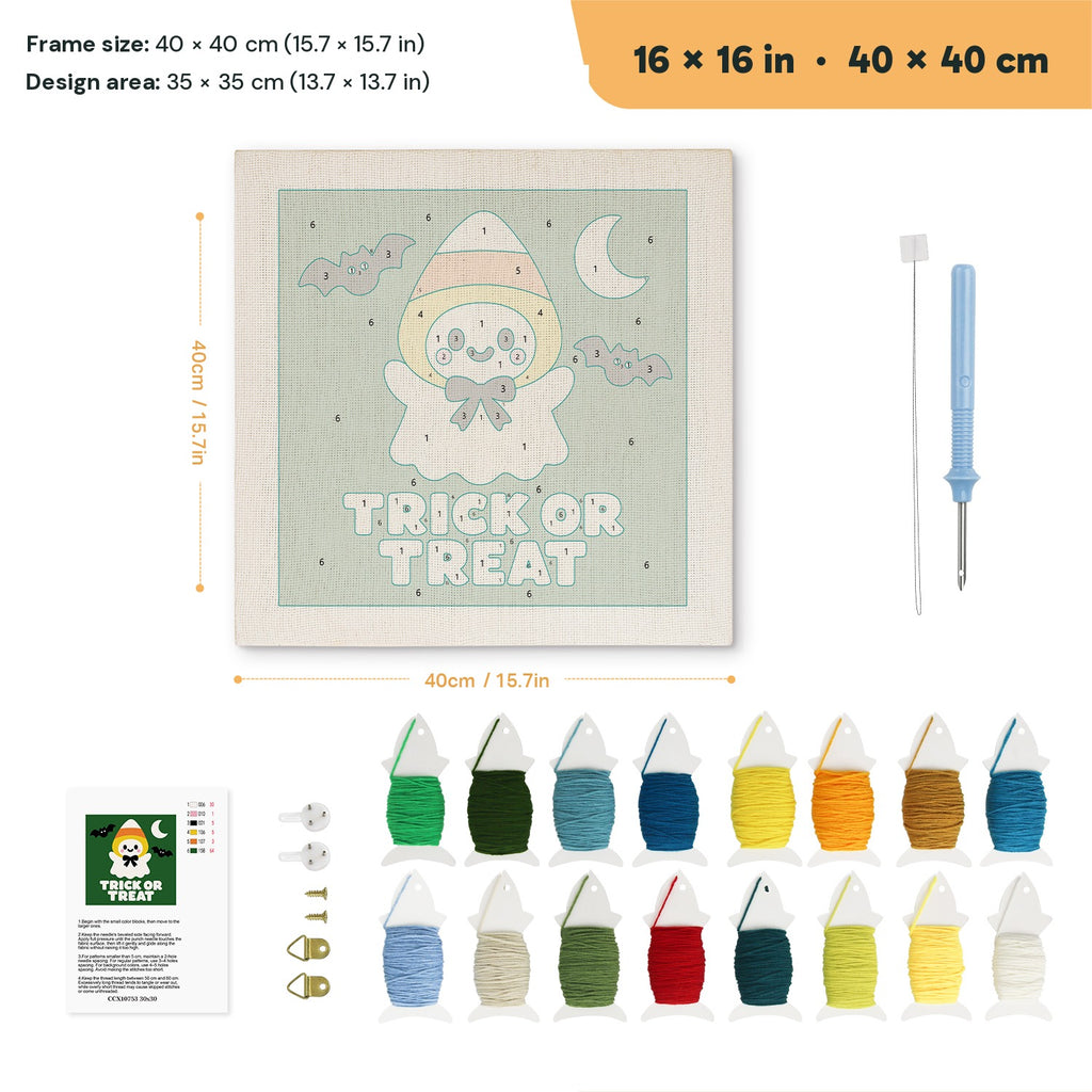 Candy Corn Ghost punch needle kit, 16 × 16 in (40 × 40 cm): canvas size and kit contents
