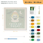 Candy Corn Ghost punch needle kit, 20 × 20 in (50 × 50 cm): canvas size and kit contents