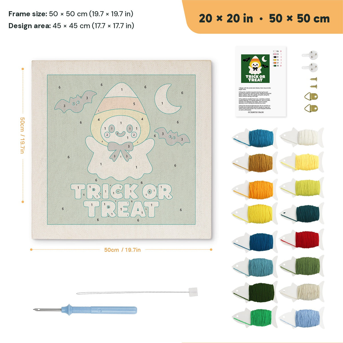 Candy Corn Ghost punch needle kit, 20 × 20 in (50 × 50 cm): canvas size and kit contents