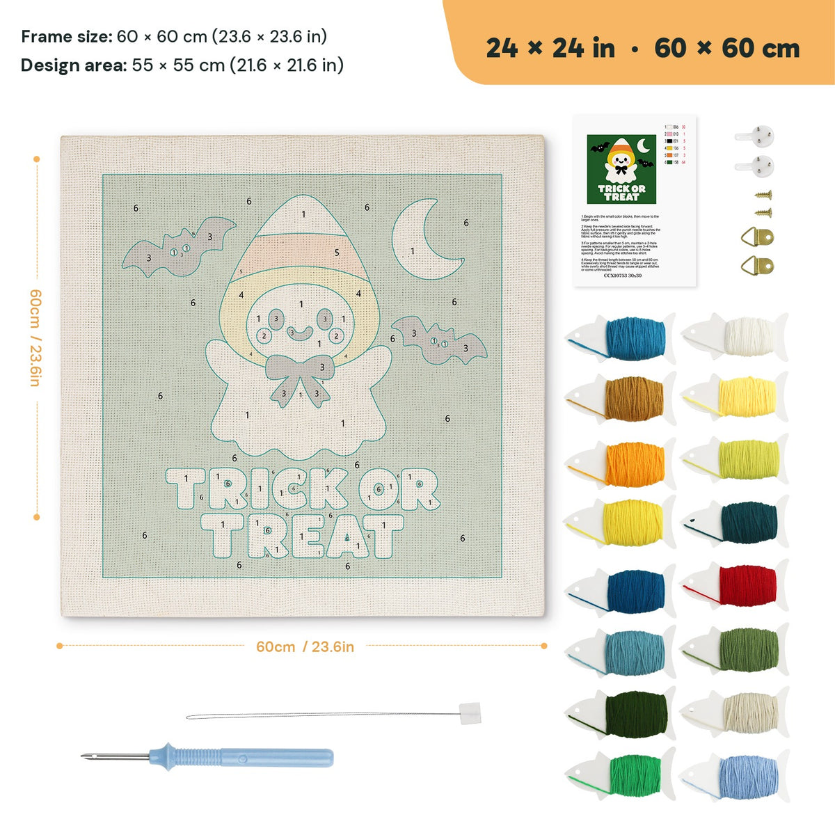 Candy Corn Ghost punch needle kit, 24 × 24 in (60 × 60 cm): canvas size and kit contents