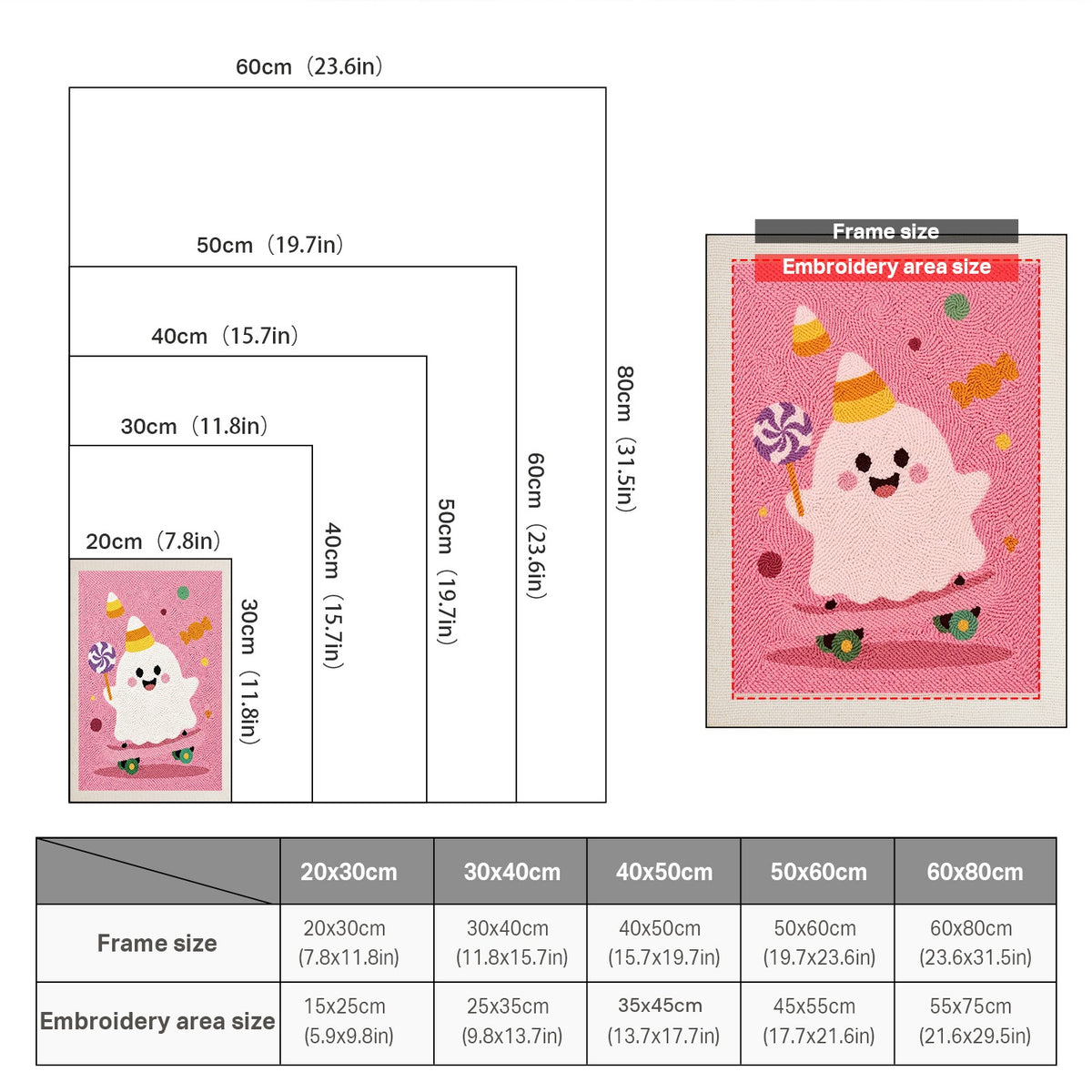 Size chart for punch needle kits from 20 x 30 cm to 60 x 80 cm
