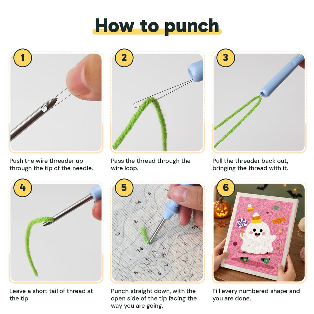 Six steps showing how to thread and use the punch needle