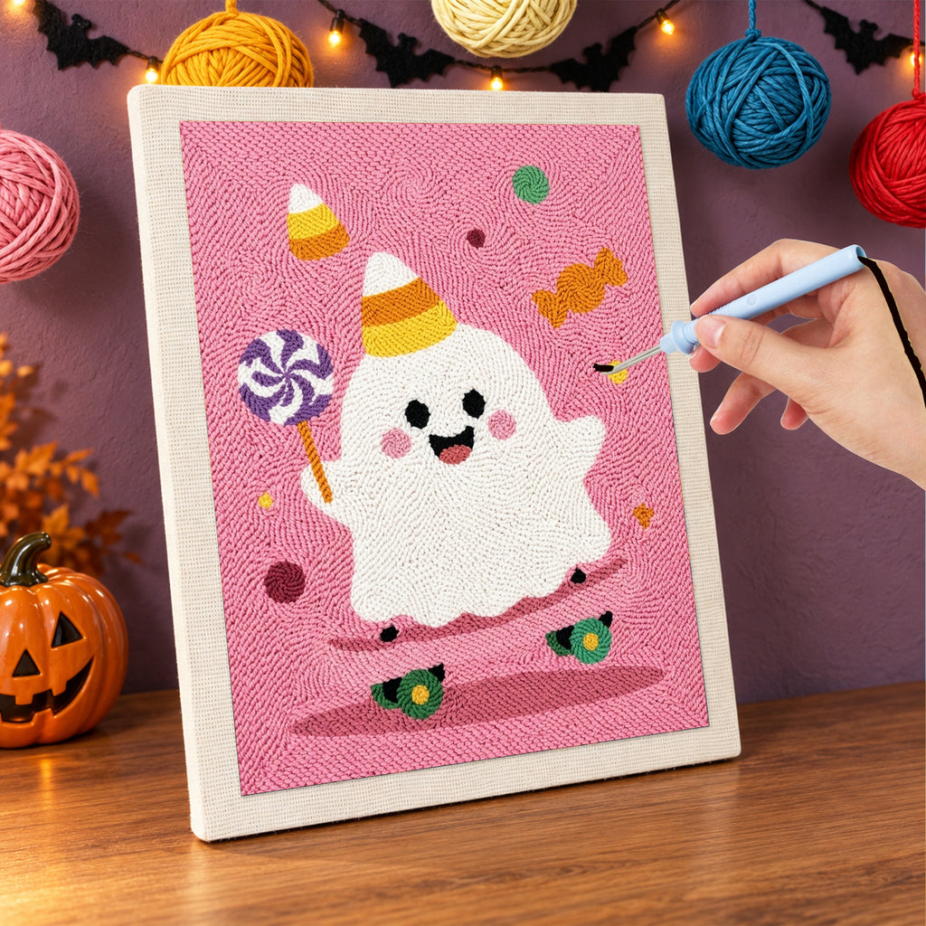 Punching the Candy Corn Hat Ghost design with the punch needle