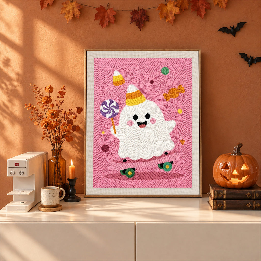 Finished Candy Corn Hat Ghost punch needle canvas on a wall