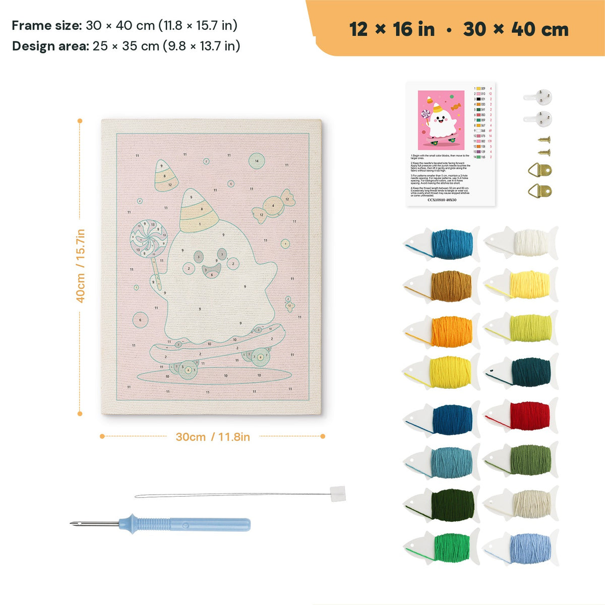 Candy Corn Hat Ghost punch needle kit, 12 × 16 in (30 × 40 cm): canvas size and kit contents