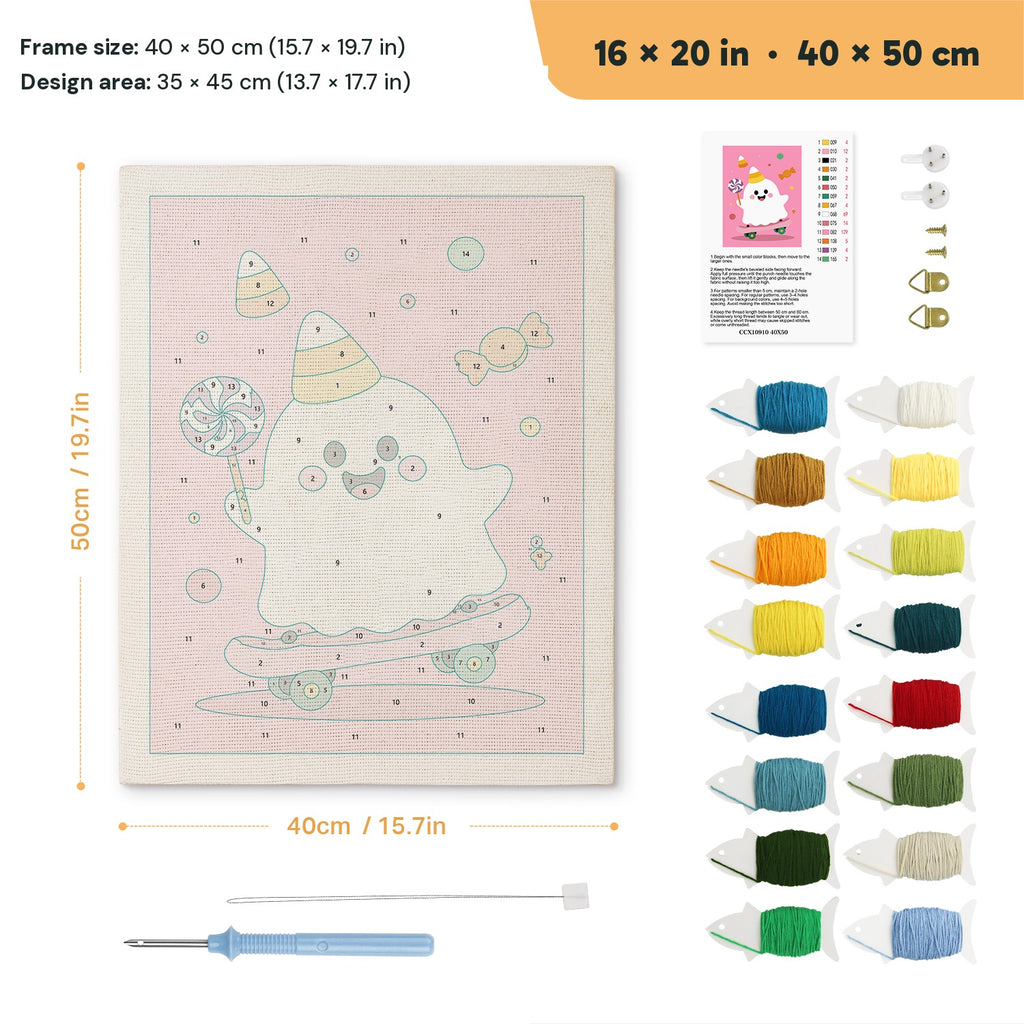 Candy Corn Hat Ghost punch needle kit, 16 × 20 in (40 × 50 cm): canvas size and kit contents