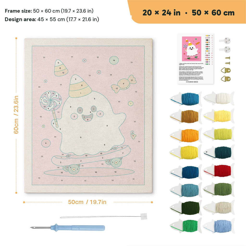 Candy Corn Hat Ghost punch needle kit, 20 × 24 in (50 × 60 cm): canvas size and kit contents
