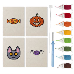 Candy Pumpkin Cat mini punch needle kit set: four finished canvases with threads, punch needle and threader